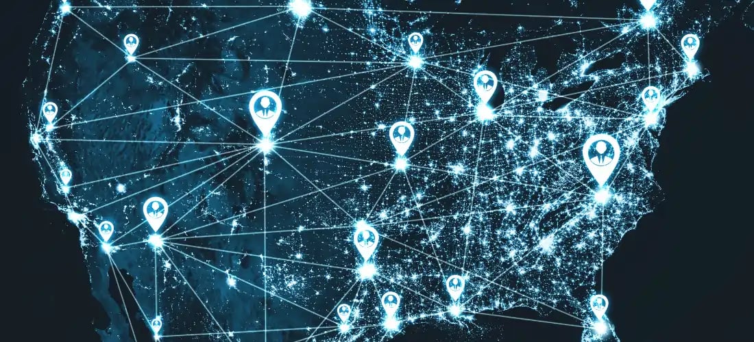 A visual of multiple local IT hubs connected loosely in the USA